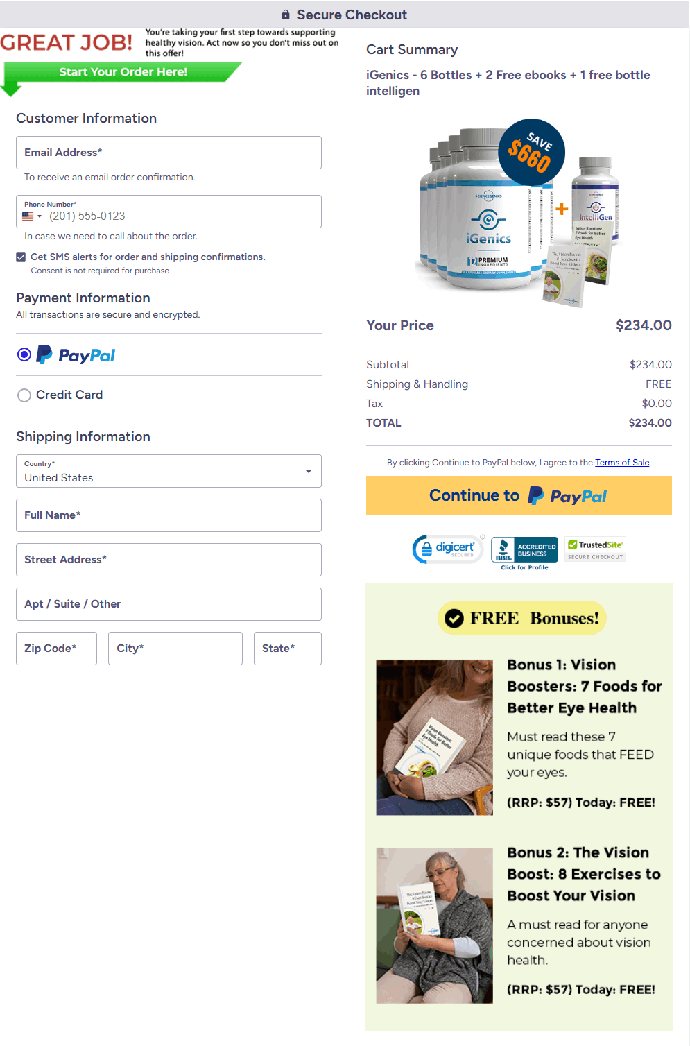 iGenics Checkout page